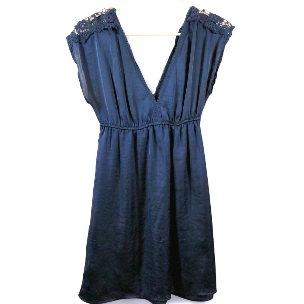 Eyeshadow Navy Blue Satin V-Neck Dress Crochet‎ Lace Shoulder Y2K Vintage Medium